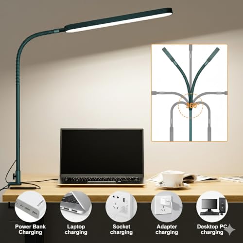 LED Desk Lamp - Desk Light for Home Office - Flexible Gooseneck - 5 Color Modes X 11 Brightness Levels - 1300LM - Timmer & Memory Function - 12W Clip on Light - Green - style: Green gooseneck