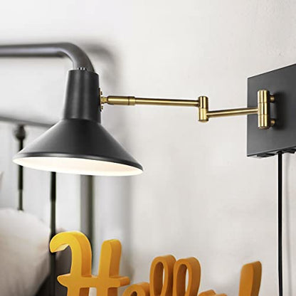 JONATHAN Y Hygge 1-Light Modern Swing Arm USB Sconce 8", Black/Brass Gold | Metal Construction, Plug-In Midcentury Bedside Wall Lamp, Cone Shade, Adjustable Head, LED Bulb Included - color: Black/Brass Gold
