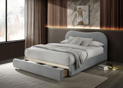Light Gray Finish 1pc Queen Size Bed Low Profile Upholstered Bed Wooden Legs Curved Headboard Contemporary Bedroom Furniture