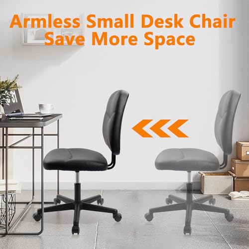 CLATINA Armless Home Office Chair,Small PU Leather Ergonomic Low Back Desk Chair with Lumbar Support and Wheels, Adjustable Height 360° Swivel Rolling Computer Task Chair, Black - color: Black-heihu, size: 1 Pack