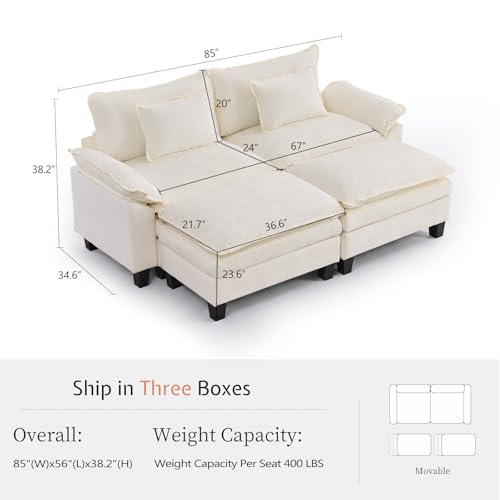 85" Modular Sectional Sofa with Storage, Comfy Cloud Couch Sleeper | Chaise Lounge, Deep Seat, Moveable Ottoman, Throw Pillows, Cloud Comfort Couches for Living Room Bedroom, Chenille Beige - color: Beige, size: 85" - 4 Seat