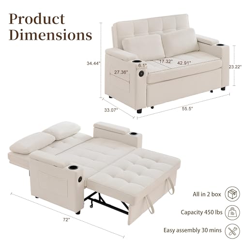 Korser 55.5'' 3-in-1 Convertible Sofa Bed, Pull Out Couch with 5-Position Adjustable Backrest, Loveseat Sleeper Sofa for Small Spaces, Sofa Couch with Cup Holders for Living Room, Office, Chenille - color: Beige