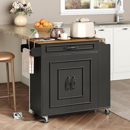 Kitchen Island with Power Outlets & Drop Leaf, Rolling Kitchen Cart on Wheels, Kitchen Storage Island with Spice Rack and Drawer for Kitchen, Dinning Room, Black and Rustic Brown - color: Black + Rustic Brown