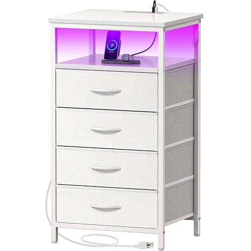 Huuger Night Stand with Charger Station and LED Lights, 4 Drawer Nightstand | Bed Side Table with Open ShelfEnd TableFabric Dresser for Bedroom, PU Leather, White - color: White, size: 11.8"D x 15.7"W x 33.9"H（4 Drawers）