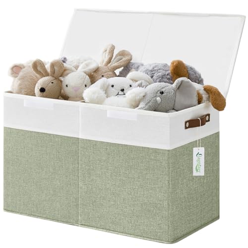 Large Toy Storage Box with Lids, Collapsible Sturdy Baby Storage Organizer Chest Bin Basket for Kids, Boys, Girls, Playroom, Nursery, Bedroom, Closet 25"x13"x16" (Green and White) - color: Green and White