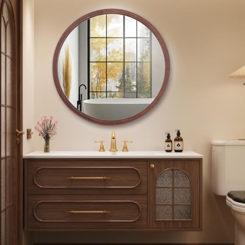 Round Wood Grain Wall Mirror 30" Large Farmhouse Decorative Vanity Mirrors | Tempered Glass Natural Walnut Frame for Bathroom, Entryway, Living Room (Walnut, 30"L x 30"W)