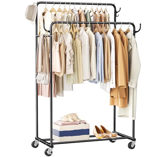 Clothes Rack, Rolling Clothing Rack with Double Rods for Hanging Clothes, Portable Garment Rack with Wheels, Metal Wardrobe Closet Organizer for Bedroom and Laundry Room