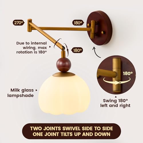 Swing Arm Wall Sconce, Hardwired Mid Century Modern Adjustable Sconce with Gold Metal Swing and Flower Shade, Retro Farmhouse Wall Mount Light for Bedroom Bedside Reading Living Room Hallway