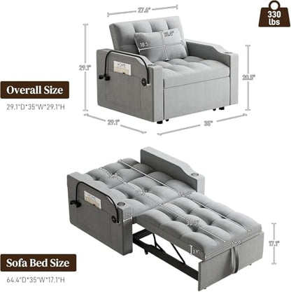 Sleeper Sofa Chair Bed 3 in 1 with Charging Ports, Phone Holder & Cup Holders - Modern Velvet Convertible Pull Out Single Sofa Bed for Small Spaces, Apartment, Dorm (Light Gray) - color: Light Gray