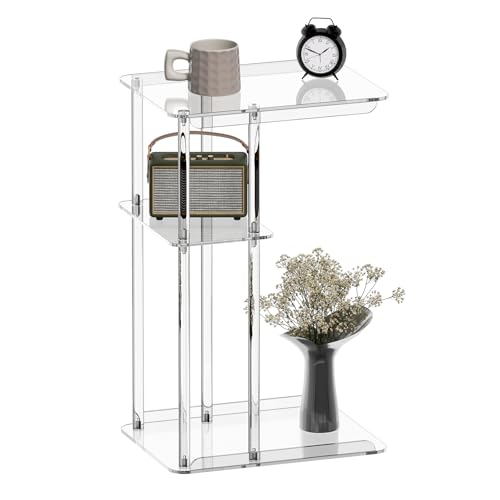 HMYHUM Clear Acrylic Side Table, C Shaped End Table for Sofa, Small Snack Tables for Living Room, Bedroom, Bathroom, 3 Tiers