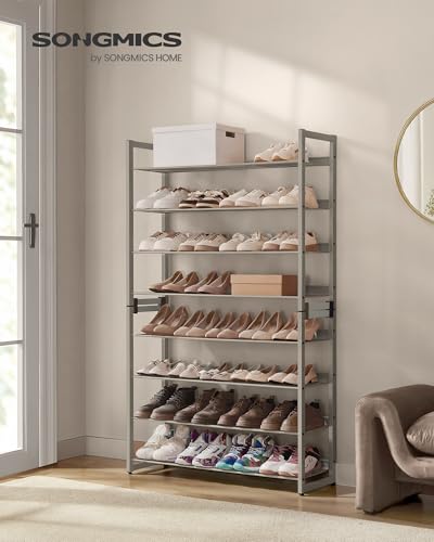 SONGMICS Metal Shoe Rack, 8-Tier Shoe Orgainzer, Holds 32-40 Pairs | Set of 2, Stackable Shoe Shelf for Garage, Adjustable Flat or Angled Shelves, Cappuccino Beige, DARREN Collection ULMR008L01 - color: Cappuccino Beige, size: 8 Tiers (36.4"W)