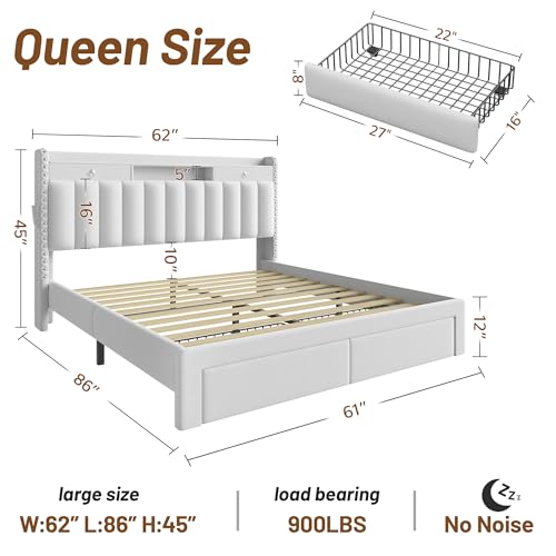 CypBed Queen Bed Frame with Headboard ＆ 4 Storage Drawers & White | Velvet Upholstered Platform Bed Frame with 3 USB & Type-C Charging Ports,Solid Wood Slats,No Box Spring Needed, No-Noise - color: White, size: Queen