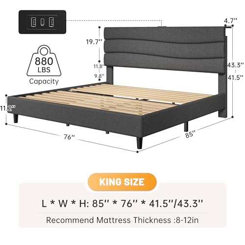 EnHomee King Size Bed with Upholstered Headboard & Charging Station | Adjustable height, Wave design, 2 USB & 1 Type-C ports, Under-bed storage, Noise-free, No box spring needed, Grey - color: Grey, size: King