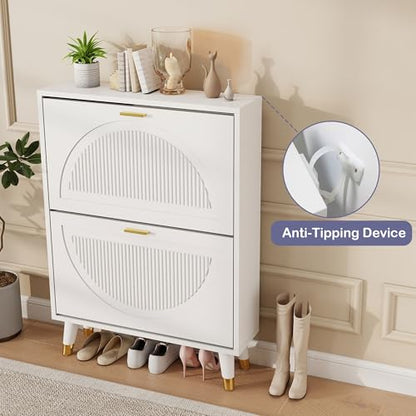 Shoe Cabinet Storage for Entryway: 24" White Slim Shoe Storage Cabinet with 2 Flip Drawers, Narrow Hidden Shoes Storage, Wood Shoes Organizer Cabinets for Hallway (1, 2-Drawers) - size: 2-Drawers