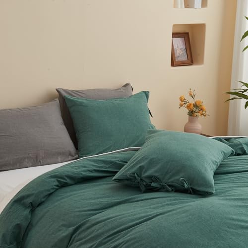 BISELINA 100% Washed Cotton Duvet Cover Set 3pcs with Bowknot Ties Strap Solid Color Linen Like Textured Durable Breathable Soft Comfy Chic Bedding (Oversized King, Dark Green) - color: Dark Green, size: Oversized King
