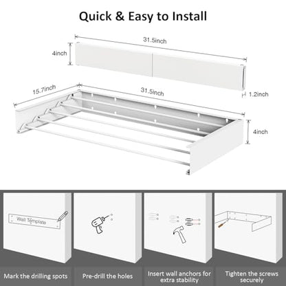 Laundry Drying Rack, Collapsible Wall Mounted Clothes Drying Rack - Drying Rack Clothing Foldable,Space Saving, 31" Wide, 13.2 Linear Ft, 5 Aluminum Rods, 60 lb Capacity (White, 31") - size: 31"