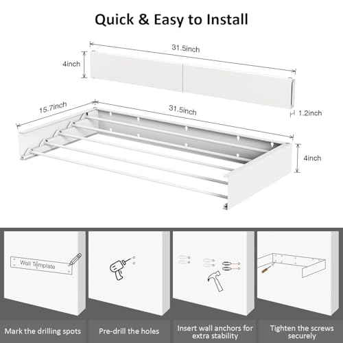 Laundry Drying Rack, Collapsible Wall Mounted Clothes Drying Rack - Drying Rack Clothing Foldable,Space Saving, 31" Wide, 13.2 Linear Ft, 5 Aluminum Rods, 60 lb Capacity (White, 31") - size: 31"