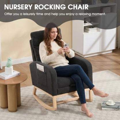 Rocking Chair Nursing, Rocker Chair with Footrest (Grey) | Teddy Boucle Upholstered Accent Reading Chair with High Back & Side Pocket for Living Room Bedroom Nursery Office - color: Grey