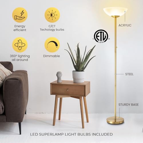 Modern Floor Superlamp 10000 Lumen - LED 75W, Dimmable 5 Changing Color, 85 CRI All Around Light, Tall Corner Standing Lamp with Cement Base and Acrylic Shade, Glare Free UpLight Kit Ready - Gold - color: Gold