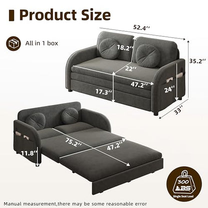 52.4'' Full Size Sleeper Sofa Bed, 3-in-1 Pull Out Chenille Couch, Grey | Cozy Curved Armrest, Loveseat with USB, 2 Round Pillows, Washable Cover, Pocket, for Living Room, Apartment, Small Spaces, RV - color: Grey, size: 52.4'' Full