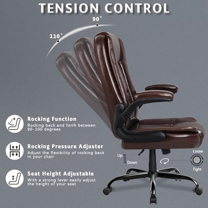 Flip-up Arms Office Desk Chair Big and Tall Managerial Executive Chair, High Back Computer Chair Ergonomic Adjustable Height PU Leather Chairs with Armrest for Long Time Sitting - color: New Brown