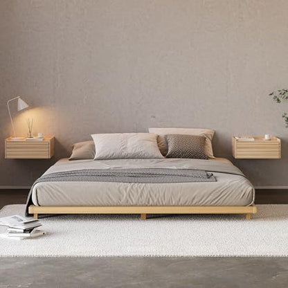 homary Floating Wooden Nightstand with Light & Charging Station, Wall Mounted Nightstand with Drawer, Wireless Charging, USB Ports, Modern Natural Floating Bedside Table for Bedroom
