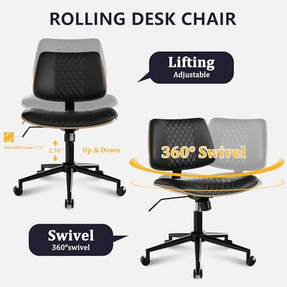 Modern Armless Office Chair with Wheels, Wide Seat Walnut, Black | Adjustable Swivel Desk Chair with Mid Back & Tilt Function, Faux PU Leather Mid Century Modern Task Office Chair, 300LBS Cap - color: Black, size: MCM Style Wide Seat