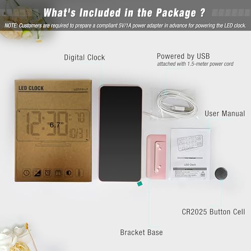 Clock for Bedroom, 6.7in Digital Alarm Clock, Auto Dimming, Room Temperature, Day of The Week, Seconds, Date, Alarm Clocks for Bedrooms, Digital Clocks for Living Room - color: Pink (White + Blue Digits)