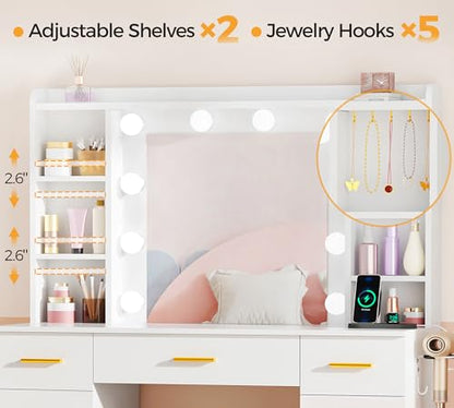 ANWBROAD 9-Drawer Makeup Vanity Desk with Mirror and Lights, White | Vanity Table with Cushioned Stool, 3 Colors Lights, Power Outlet, 6 Open Shelves, 5 Hooks Dressing Table for Girls Women