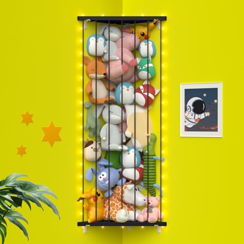 Stuffed Animal Storage Shelf Organizer(Patented) - Corner Stuffed Animal Holder Length Adjustable - Wall Plush Storage for Nursery Playroom Bedroom Kids Room (Black+Light, Standard) - color: Black+light, size: Standard