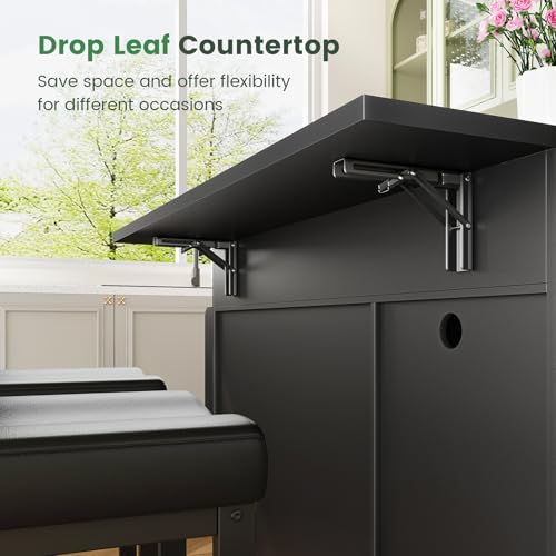 Dripex 41'' Kitchen Islands Foldable with Stainless Steel Top & Seating, Rolling Island Table for Kitchen with Drop Leaf, Bar Stool, Power Outlet, Adjustable Storage Shelves, Spice Rack, Black - color: Black
