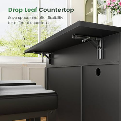 Dripex 41'' Kitchen Islands Foldable with Stainless Steel Top & Seating, Rolling Island Table for Kitchen with Drop Leaf, Bar Stool, Power Outlet, Adjustable Storage Shelves, Spice Rack, Black - color: Black