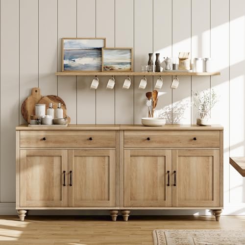 WAMAPT Buffet Cabinet with 4 Doors&2 Drawers, Large Wood Sideboard Table | Oak Coffee Bar Table 68 inch Kitchen Storage Cabinets, Modern Farmhouse Sideboard Credenza for Dining Room - color: Oak-a, size: 2