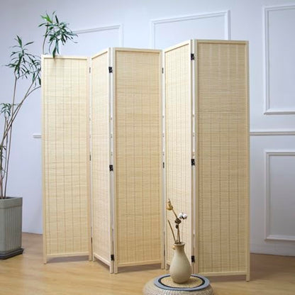 5 Panel Bamboo Room Divider – 5.6 ft Tall Folding Privacy Screen, Natural Beige Freestanding Room Partition Wall for Home Office (67" x 76.75", 5-Panel) - color: Beige, size: 5 Panel