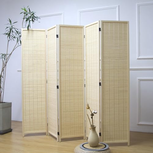 5 Panel Bamboo Room Divider – 5.6 ft Tall Folding Privacy Screen, Natural Beige Freestanding Room Partition Wall for Home Office (67" x 76.75", 5-Panel) - color: Beige, size: 5 Panel
