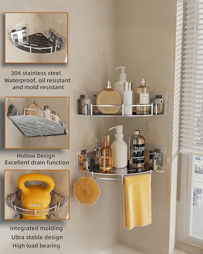 Corner Shower Caddy, Stainless Steel 304, Integrated Molding Bathroom Shelves, Wall Mounted Shower Organizer with Nail Free Adhesive, Suit for Corner Storage Racks in Bath Kitchen(2 Pack)