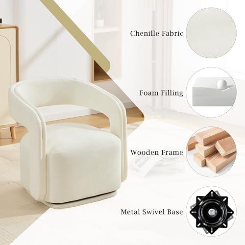 YaFiti Modern Swivel Accent Chair 1 pcs, Round Barrel Armchair, White | Chenille Fabric, 22” Widen Seat, Solid Wood Frame, 250lbs Capacity, Barrel Club Chair, Upholstered Armchair for Living Room - color: White