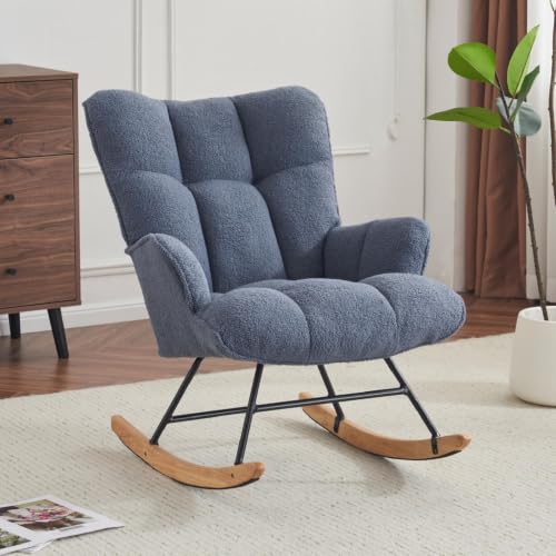 Rocking Chair Nursery Teddy Upholstered Glider Rocker Rocking Accent Chair Padded Seat with High Backrest Armchair Comfy Side Chair for Living Room Bedroom Offices (Darkblue Teddy) - color: Darkblue