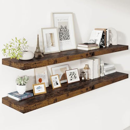 Vivelove Deep Floating Shelves 55x12” Set of 2, Rustic Brown | Easy Install With Hardware, 2" Thick, Invisible Brackets, Wall Mounted, No Sagging, For Any Room - color: Rustic Brown, size: 55”wx12”dx2”h