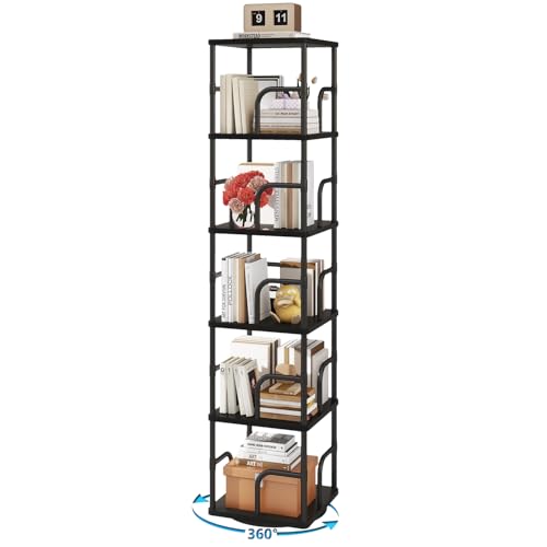 IBUYKE 6 Tier Rotating Bookshelf,Square Bookcases,Black TBC005B | 360°Spinning Bookcases Tower Freestanding Corner Bookshelf with Rails Industrial Bookcase Organizer for Bedroom Living Room - color: Black, size: 6 Tier