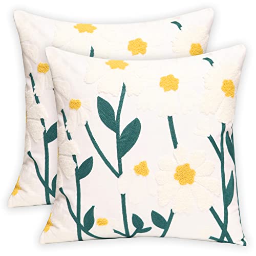 Set of 2 Embroidered Decorative Throw Pillow Covers Couch Square Pillowcases Cushion for Bedroom Sofa Farmhouse Decor 18x18 Inch (Spring Flower) - color: Spring Flower