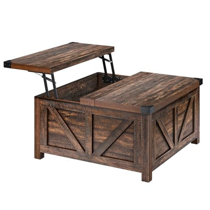 jimeimen Farmhouse Lift Top Coffee Table with Storage, Wood Square Center Table with Charging Station&USB Port, Living Room Table w/Large Hidden Space, for Living Room, Bedroom, Home Office, Brown - color: Brown