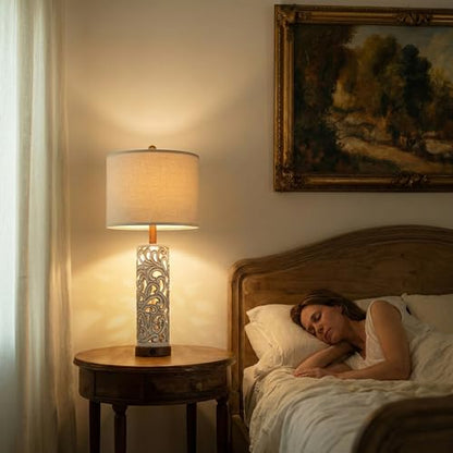 2-in-1 Light Table Lamp Set of 2 for Living Room, 28.5" Farmhouse Bedside Lamps with USB Charging Port, Main&Night Light & Dual Switches, Nightstand Lamp for Bedroom Home Office(Bulb Included) - color: Washed White and Brown