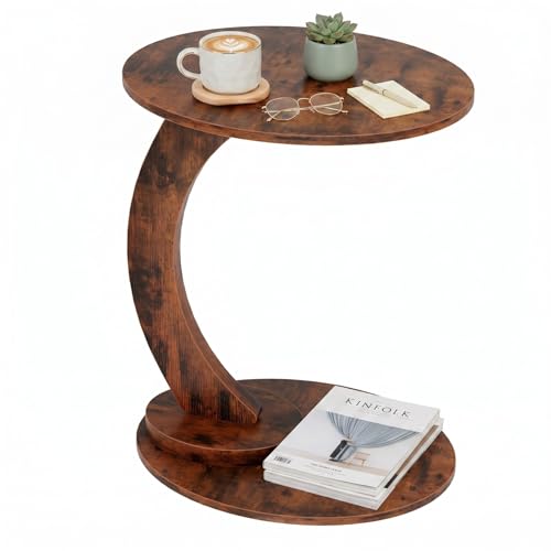 C Shaped End Table,Round Side Table for Couch Tables that Slide Under, TV Sofa Table for Small Spaces,C Table,Night Stand with Metal Frame for Bedroom,Living Room,Small Space(Brown) - color: Brown