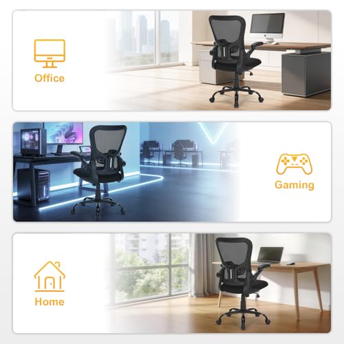 Ergonomic Mesh Office Chair with Adjustable Lumbar Support, Flip-Up Arms & Rolling Swivel Base, Breathable Computer Desk Chair for Home Office, Study & Remote Work, Black
