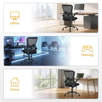 Ergonomic Mesh Office Chair with Adjustable Lumbar Support, Flip-Up Arms & Rolling Swivel Base, Breathable Computer Desk Chair for Home Office, Study & Remote Work, Black