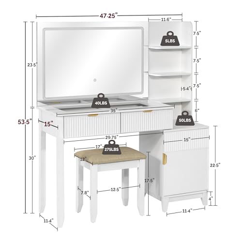 Vanity Desk with Stool, Mirror and Lights 3 Color, Makeup Vanity with Power Outlet, Dressing Table with Drawers, Storage Shelves, Adjustable Brightness, White - color: White