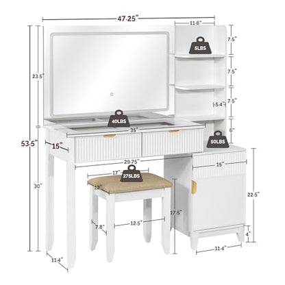 Vanity Desk with Stool, Mirror and Lights 3 Color, Makeup Vanity with Power Outlet, Dressing Table with Drawers, Storage Shelves, Adjustable Brightness, White - color: White
