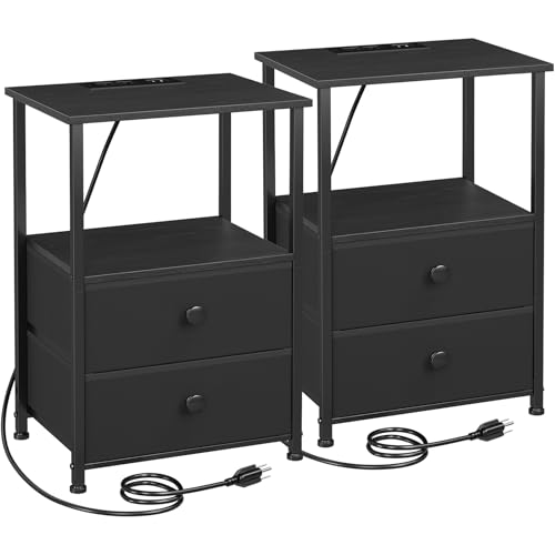 Nightstands Set of 2, Night Stand with Charging Station | Bedside Table with 2 Fabric Drawers for Bedroom, End Tables with Storage Shelf for Small Spaces, Black - color: Black, style: Power