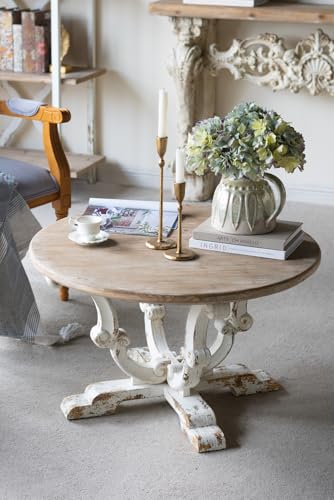 31.5" Round Solid Wood Coffee Table for Farmhouse Living Room | Retro Wooden Center Table with Distressed White Finish & Scrollwork Legs, Circle Tea Table, Easy Assembly, Antique White - color: B-31.5" Antique White
